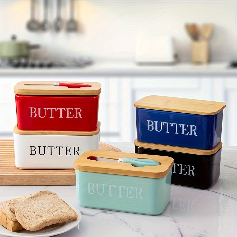 YUMIPLUS Ceramic Butter Dish with Bamboo Lid & Knife – Large Airtight Butter Keeper for Kitchen & Pantry Storage