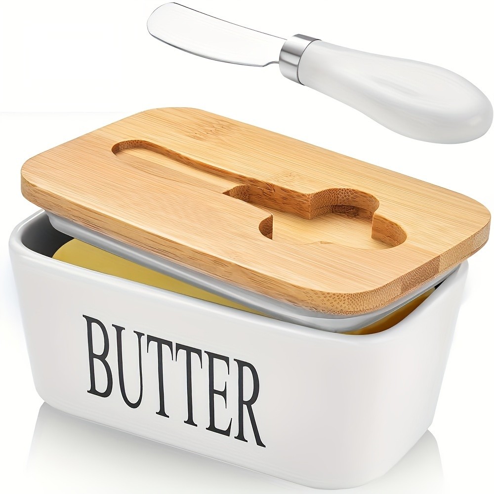 YUMIPLUS Ceramic Butter Dish with Bamboo Lid & Knife – Large Airtight Butter Keeper for Kitchen & Pantry Storage