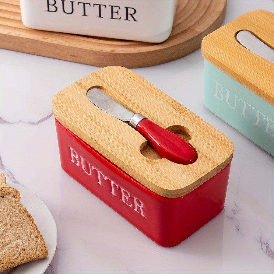 YUMIPLUS Ceramic Butter Dish with Bamboo Lid & Knife – Large Airtight Butter Keeper for Kitchen & Pantry Storage