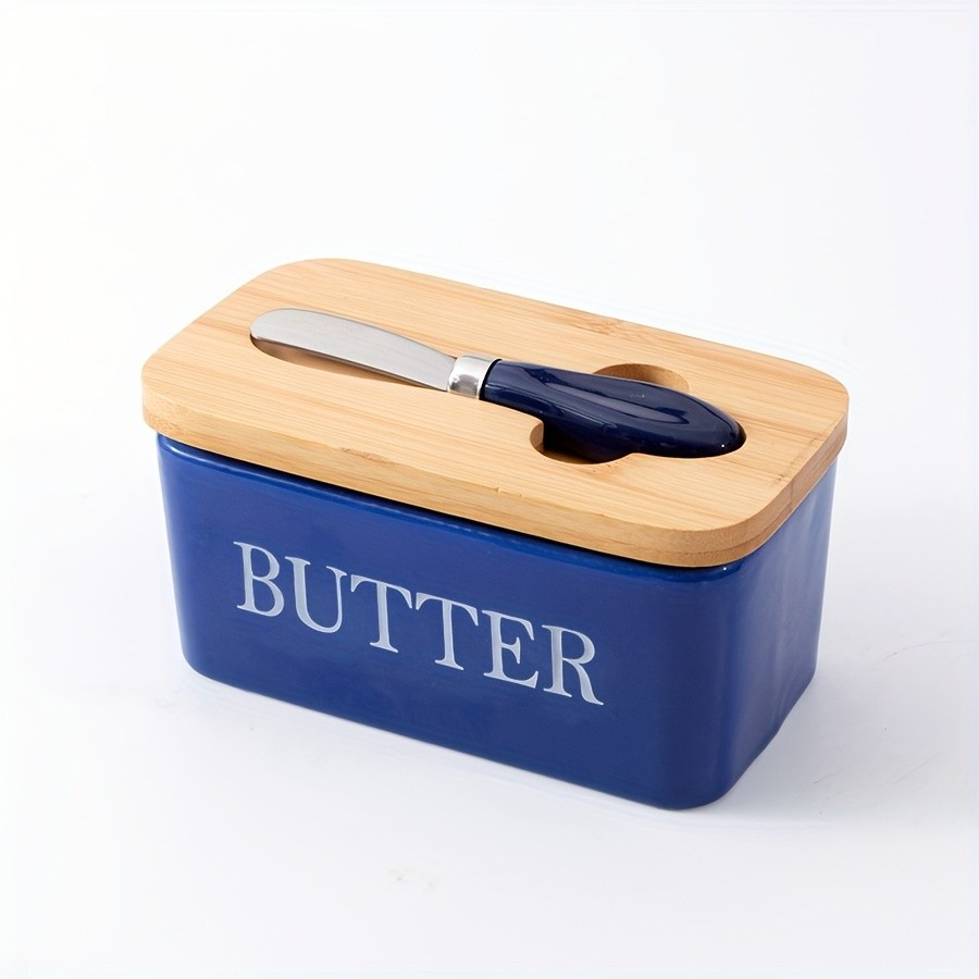 YUMIPLUS Ceramic Butter Dish with Bamboo Lid & Knife – Large Airtight Butter Keeper for Kitchen & Pantry Storage