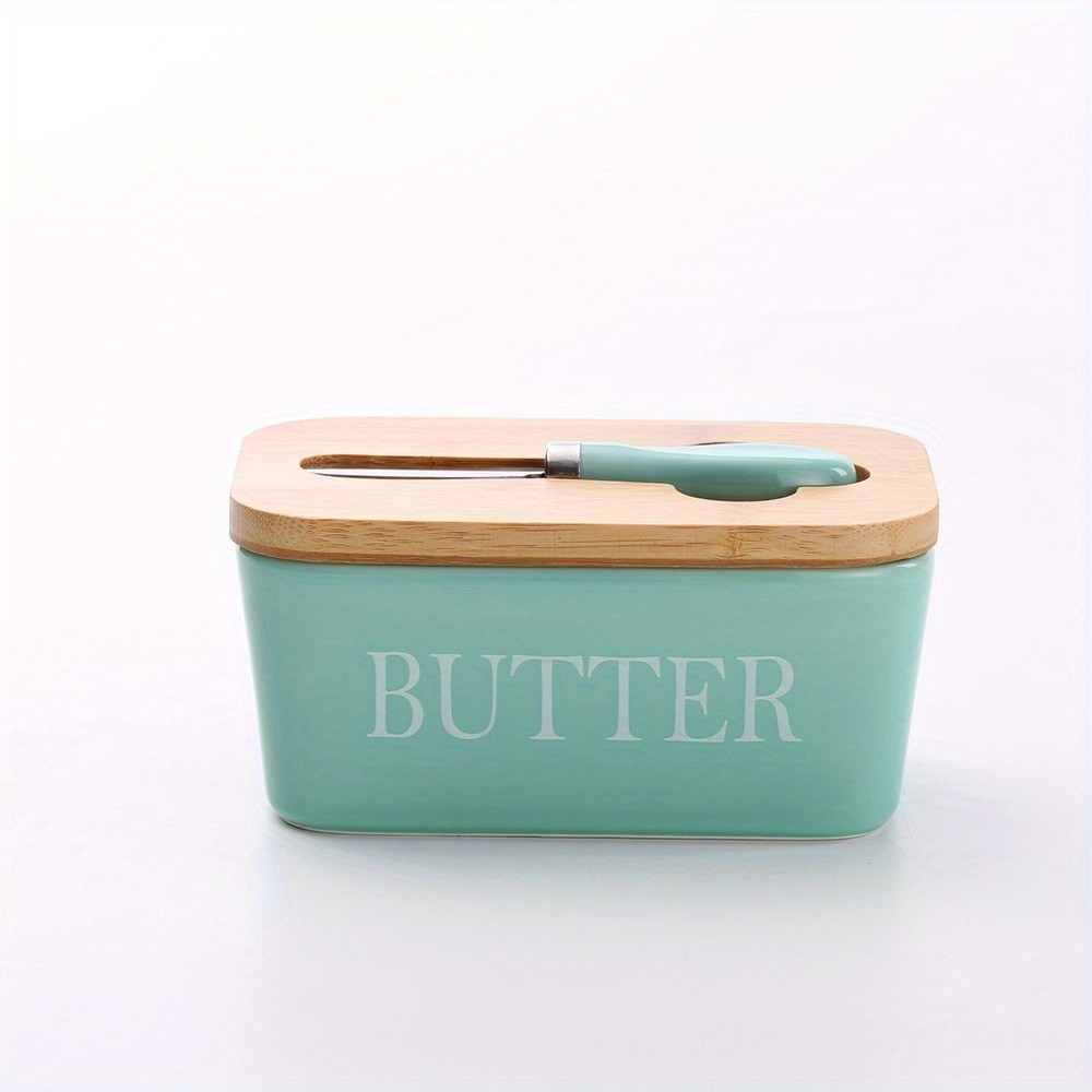 YUMIPLUS Ceramic Butter Dish with Bamboo Lid & Knife – Large Airtight Butter Keeper for Kitchen & Pantry Storage