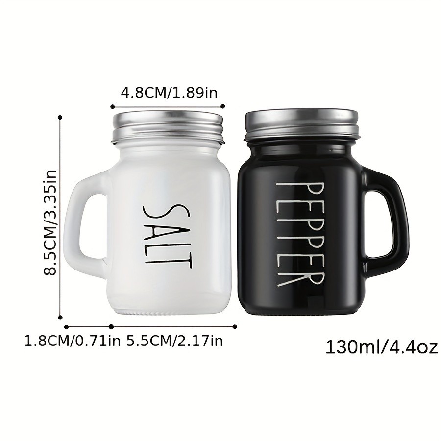 YUMIPLUS 2pcs Farmhouse Salt & Pepper Shaker Set – Vintage Black & White Glass Shakers with Handle & Stainless Steel Lid (4.4oz)