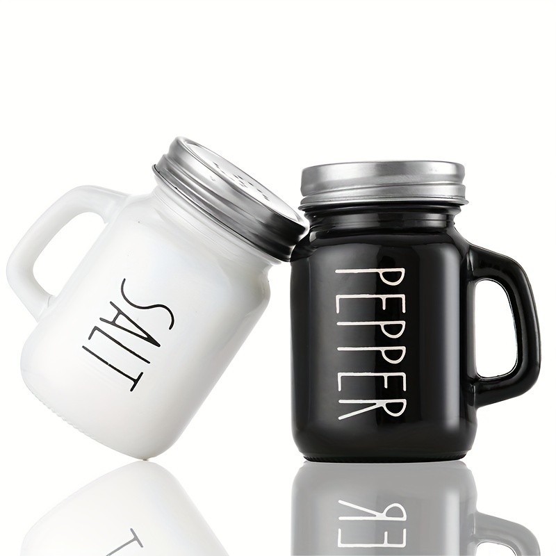 YUMIPLUS 2pcs Farmhouse Salt & Pepper Shaker Set – Vintage Black & White Glass Shakers with Handle & Stainless Steel Lid (4.4oz)