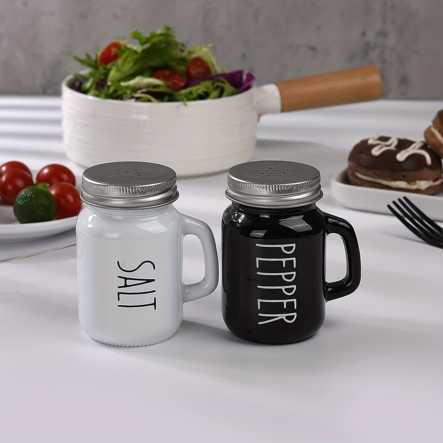 YUMIPLUS 2pcs Farmhouse Salt & Pepper Shaker Set – Vintage Black & White Glass Shakers with Handle & Stainless Steel Lid (4.4oz)