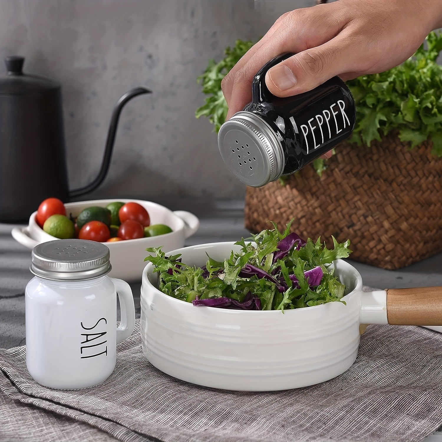 YUMIPLUS 2pcs Farmhouse Salt & Pepper Shaker Set – Vintage Black & White Glass Shakers with Handle & Stainless Steel Lid (4.4oz)