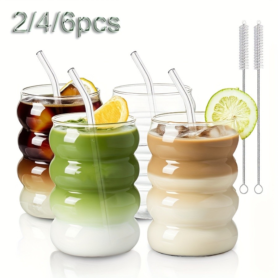 YUMIPLUS 2/4/6pcs 350ml High Borosilicate Ripple Glass Coffee Cups with Straws – Vintage Clear Glassware for Coffee, Matcha, Tea, Juice & More