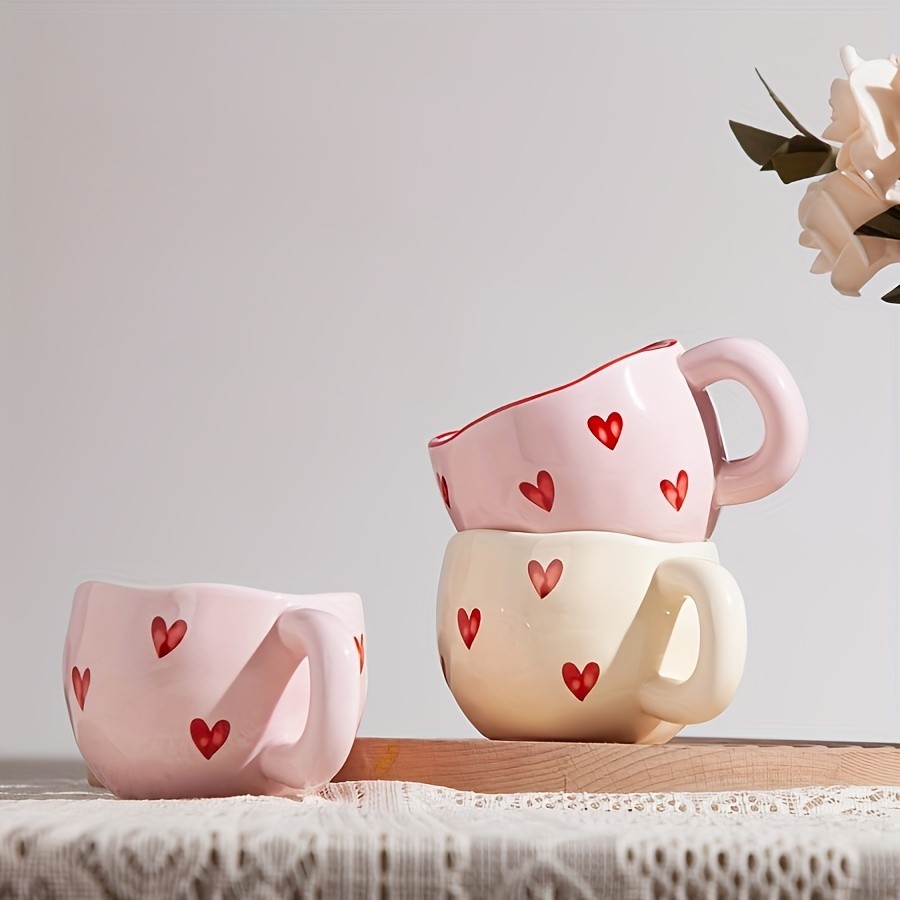 YUMIPLUS Romantic Ceramic Coffee Mug 9.5oz – Heart Pattern Love-Inspired Cup for Couples & Everyday Use