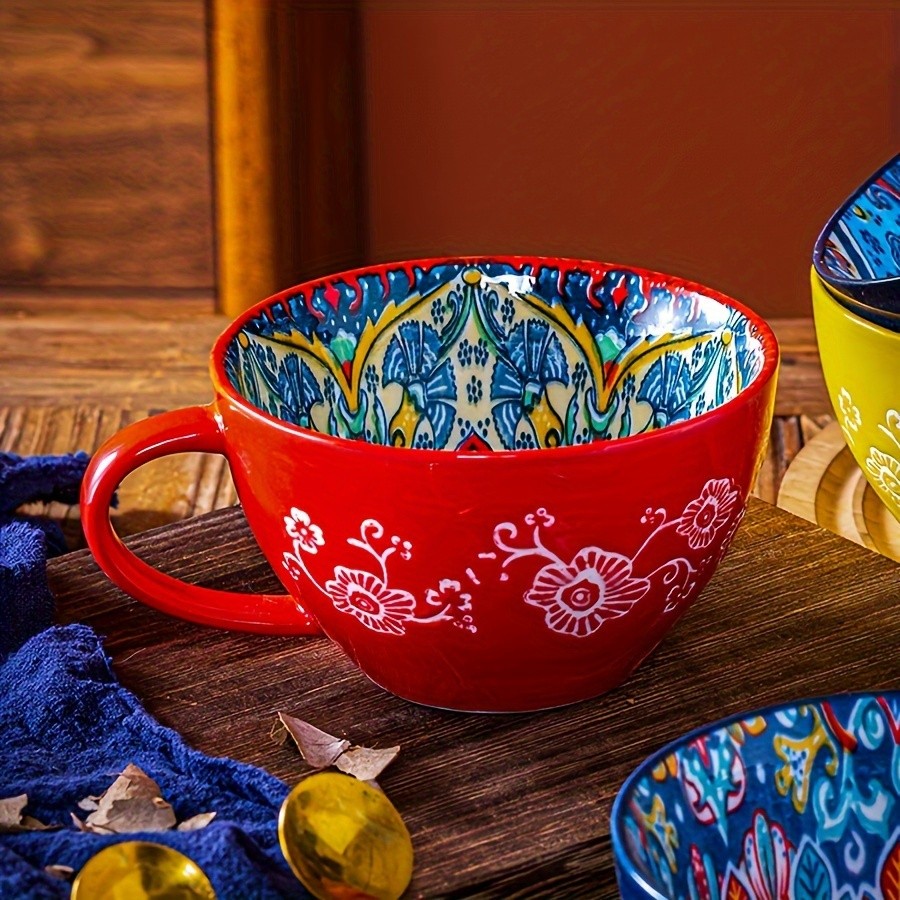 YUMIPLUS 15oz Bohemian Ceramic Breakfast Cup – Large Capacity Water, Milk & Coffee Mug (Microwave-Safe)