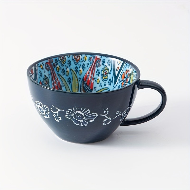YUMIPLUS 15oz Bohemian Ceramic Breakfast Cup – Large Capacity Water, Milk & Coffee Mug (Microwave-Safe)