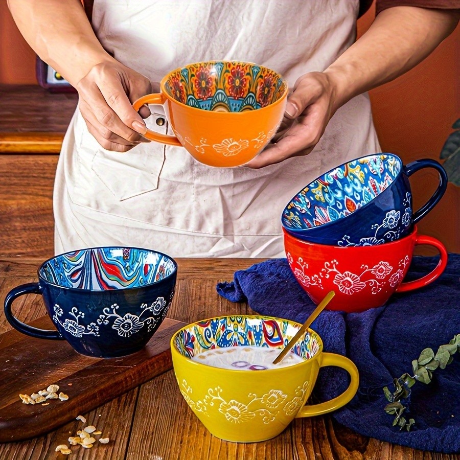 YUMIPLUS 15oz Bohemian Ceramic Breakfast Cup – Large Capacity Water, Milk & Coffee Mug (Microwave-Safe)