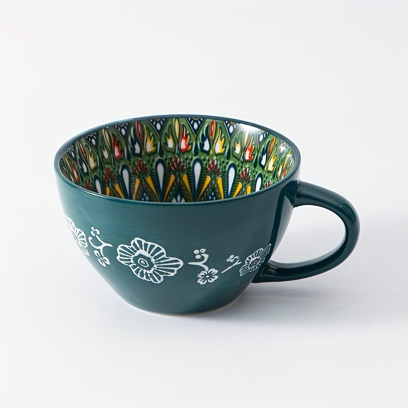 YUMIPLUS 15oz Bohemian Ceramic Breakfast Cup – Large Capacity Water, Milk & Coffee Mug (Microwave-Safe)