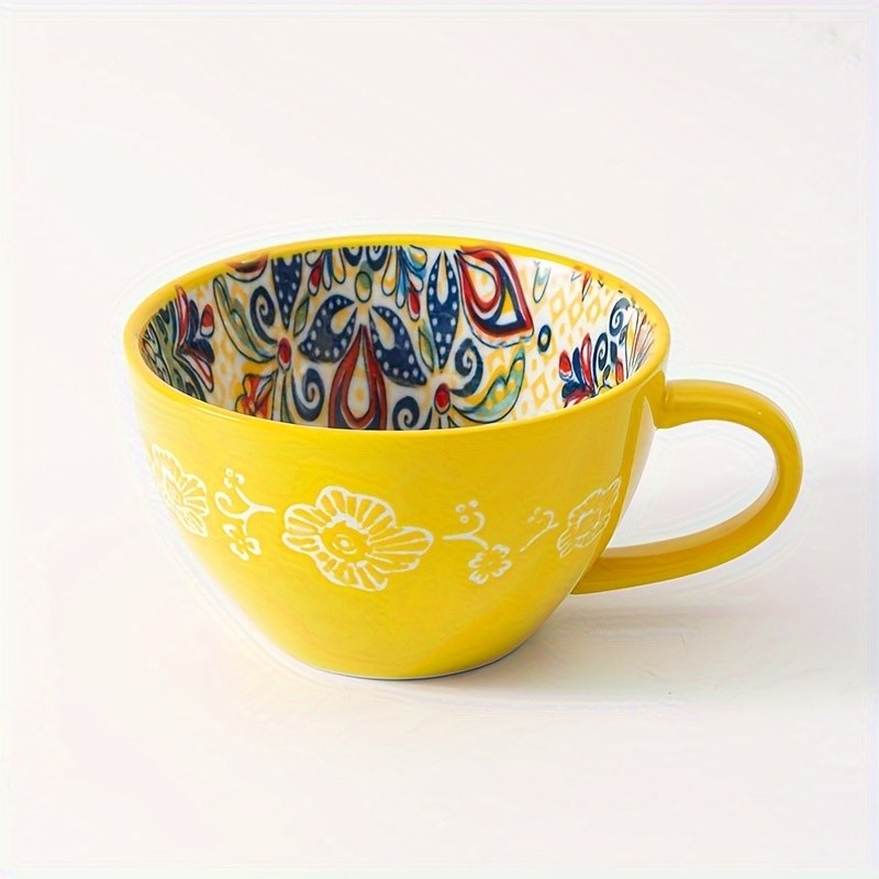 YUMIPLUS 15oz Bohemian Ceramic Breakfast Cup – Large Capacity Water, Milk & Coffee Mug (Microwave-Safe)