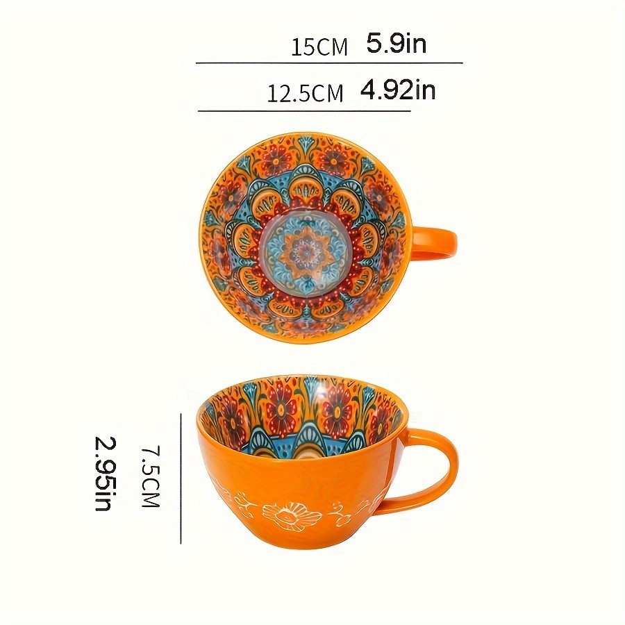 YUMIPLUS 15oz Bohemian Ceramic Breakfast Cup – Large Capacity Water, Milk & Coffee Mug (Microwave-Safe)