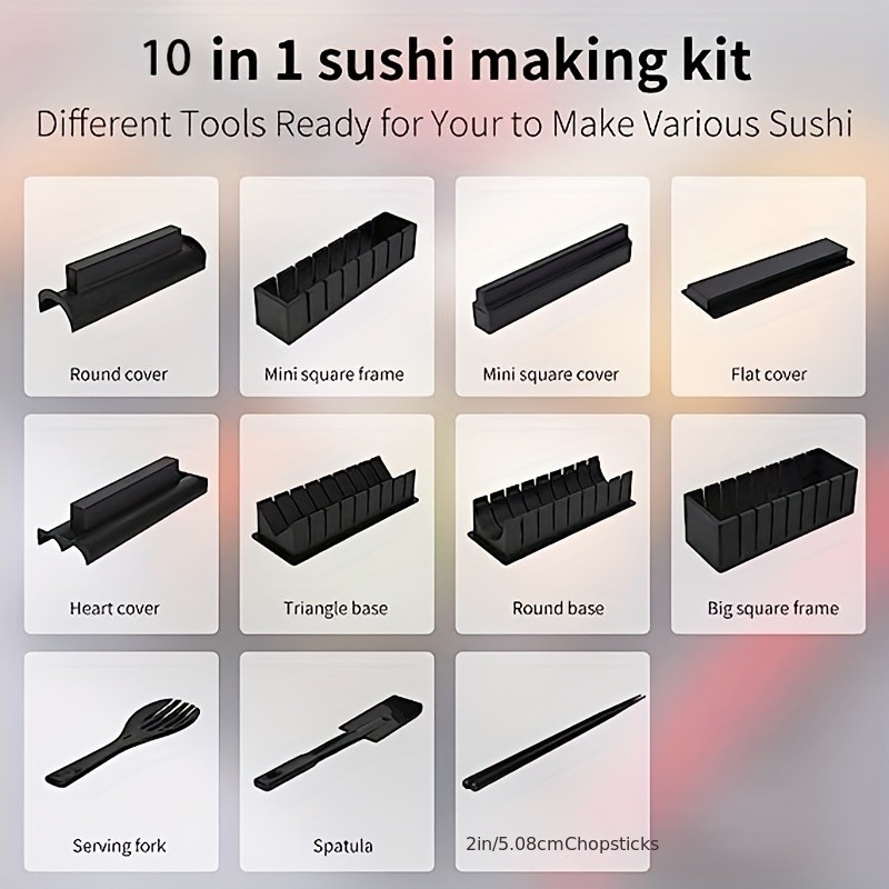 YUMIPLUS 10pcs Sushi Making Kit – Premium Sushi Maker Set with Rice Roll Molds, Spreader & Chopsticks for Easy Homemade Sushi