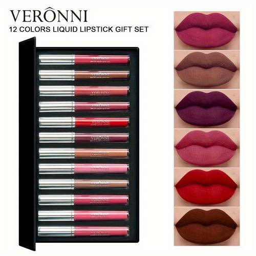 VERONNI 12 Set of Lip Glaze Lipstick – Non-Fading Matte Colour for Every Mood
