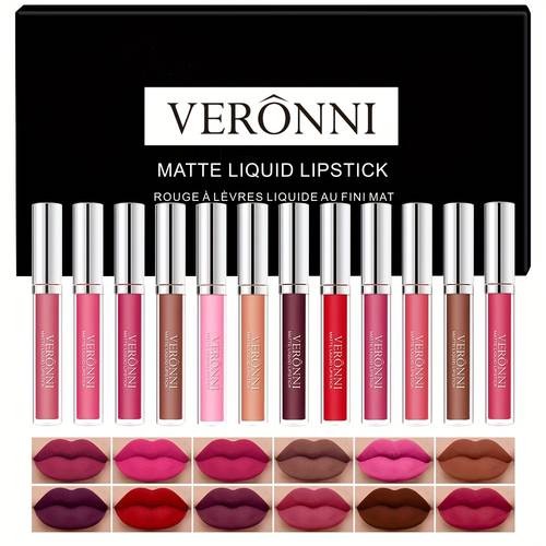 VERONNI 12 Set of Lip Glaze Lipstick – Non-Fading Matte Colour for Every Mood