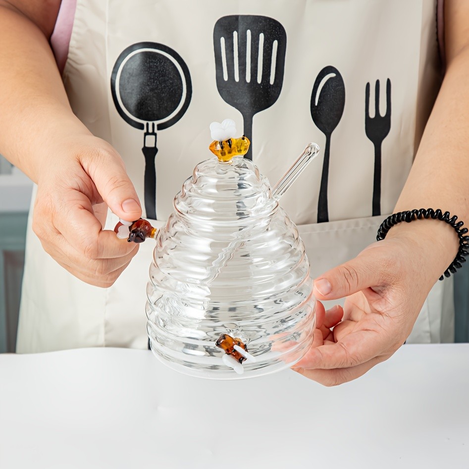 YUMIPLUS Glass Honey Jar with Dipper & Lid – High Borosilicate Transparent Honey Container with Cute Bee Decorations