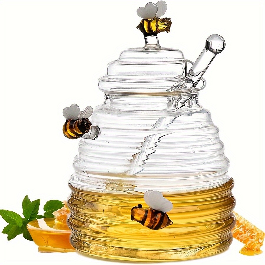 YUMIPLUS Glass Honey Jar with Dipper & Lid – High Borosilicate Transparent Honey Container with Cute Bee Decorations
