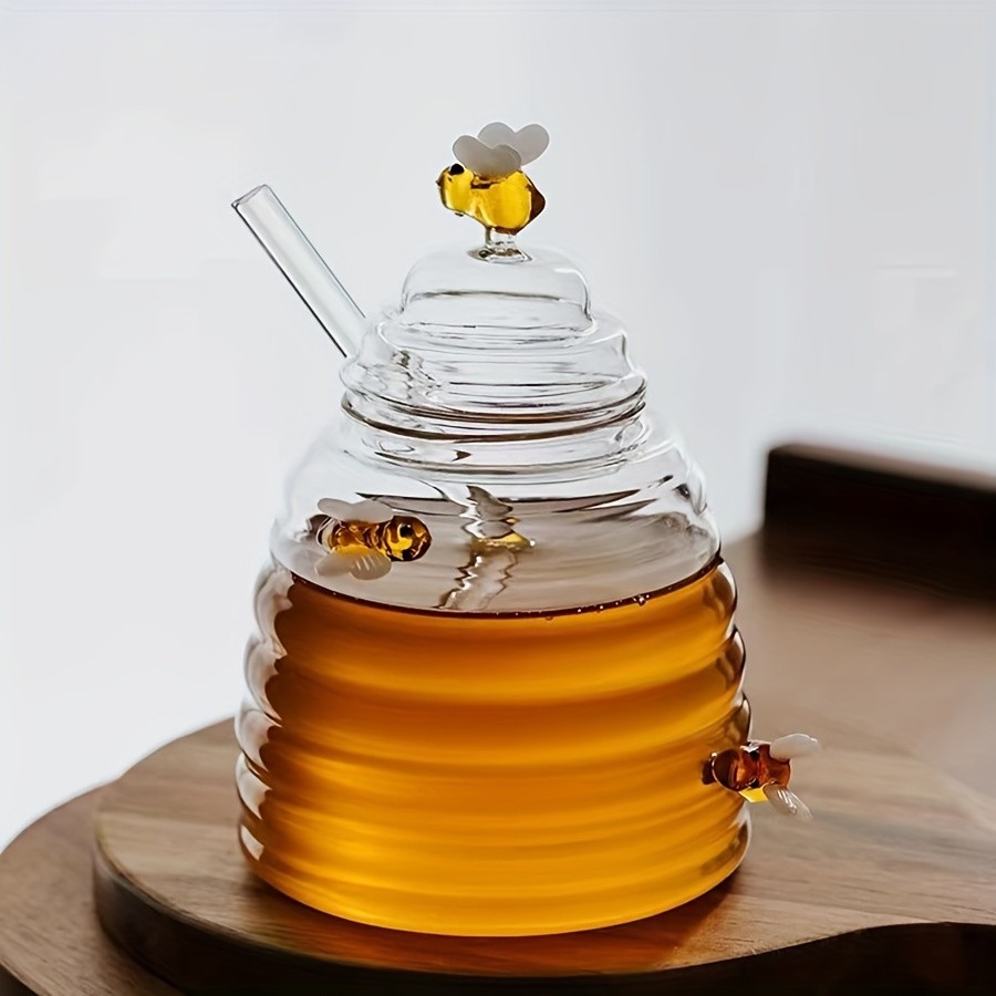 YUMIPLUS Glass Honey Jar with Dipper & Lid – High Borosilicate Transparent Honey Container with Cute Bee Decorations