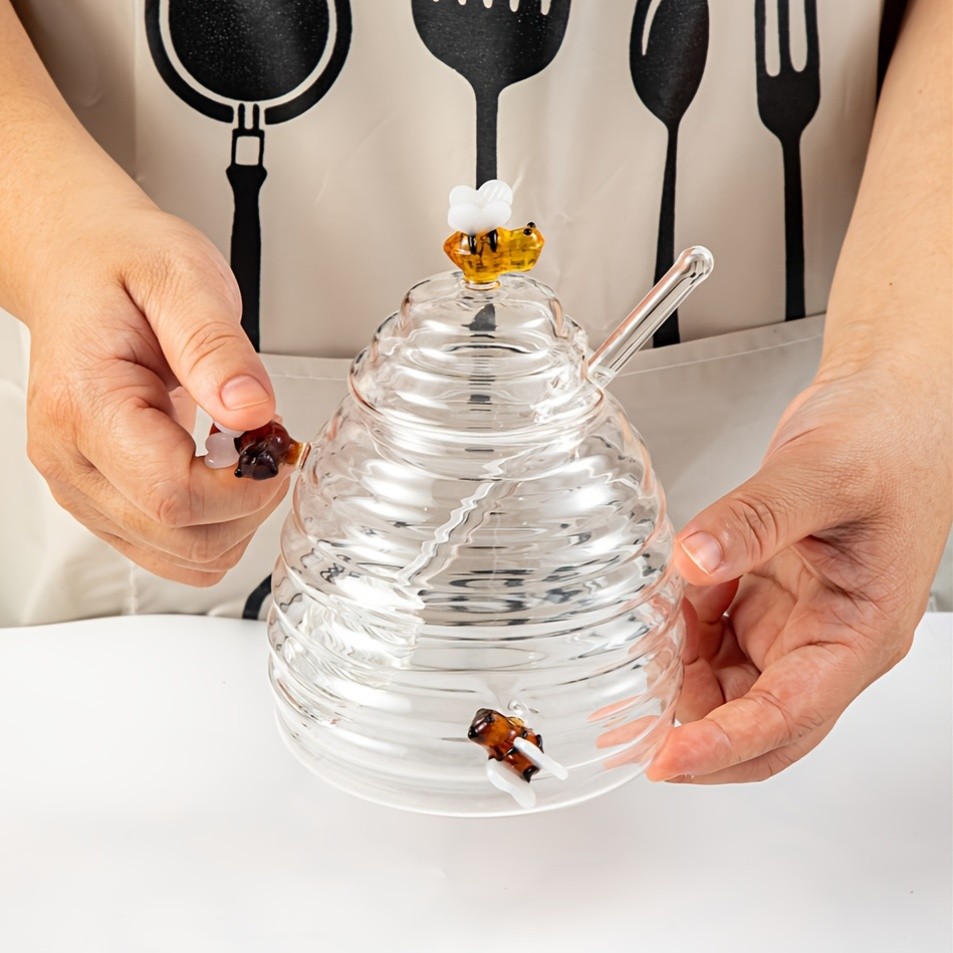 YUMIPLUS Glass Honey Jar with Dipper & Lid – High Borosilicate Transparent Honey Container with Cute Bee Decorations