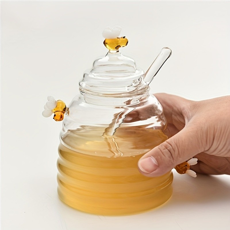 YUMIPLUS Glass Honey Jar with Dipper & Lid – High Borosilicate Transparent Honey Container with Cute Bee Decorations