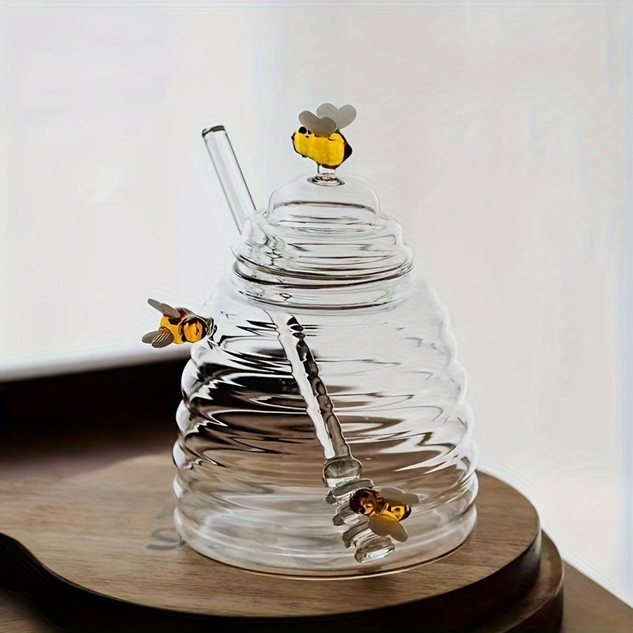 YUMIPLUS Glass Honey Jar with Dipper & Lid – High Borosilicate Transparent Honey Container with Cute Bee Decorations