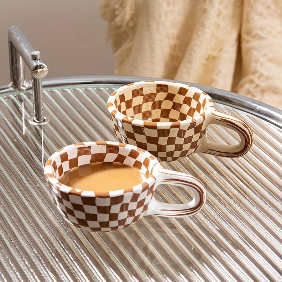 YUMIPLUS Irregular Checkered Ceramic Mug – 7oz Casual Coffee Cup for Home & Office Use