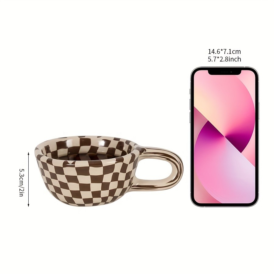 YUMIPLUS Irregular Checkered Ceramic Mug – 7oz Casual Coffee Cup for Home & Office Use