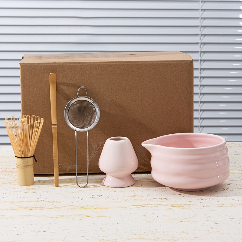 YUMIPLUS Pink Ceramic Matcha Bowl & Whisk Set – Complete Matcha Tea Set for Home or Restaurant Latte Art Ceremony