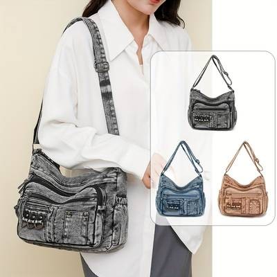 Vintage Washed Denim Shoulder Bag for Women – Soft Autumn–Winter Hobo Crossbody (Crafted in Guangzhou)