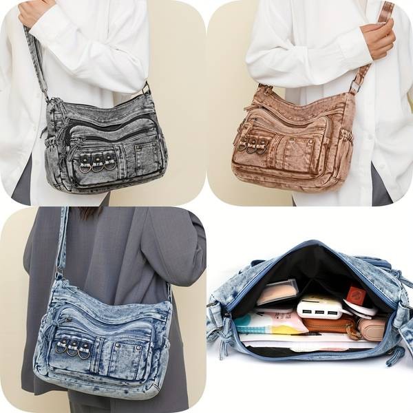 Vintage Washed Denim Shoulder Bag for Women – Soft Autumn–Winter Hobo Crossbody (Crafted in Guangzhou)
