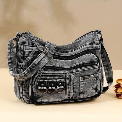 Vintage Washed Denim Shoulder Bag for Women – Soft Autumn–Winter Hobo Crossbody (Crafted in Guangzhou)