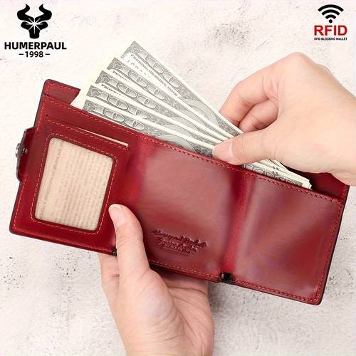 HUMERPAUL Women’s RFID Blocking Wallet – Vintage Red Genuine Leather Tri-Fold Card Holder