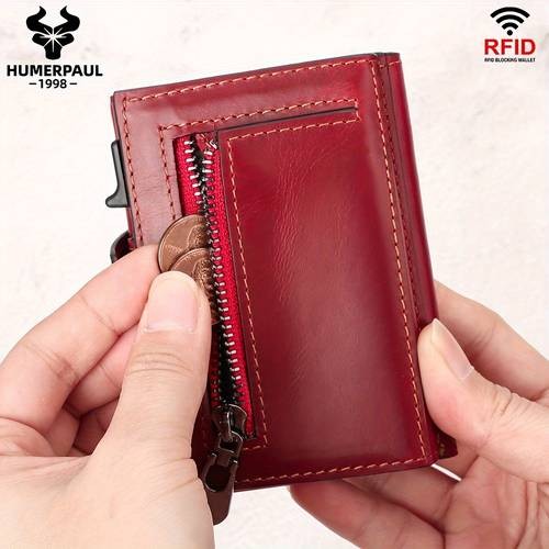 HUMERPAUL Women’s RFID Blocking Wallet – Vintage Red Genuine Leather Tri-Fold Card Holder