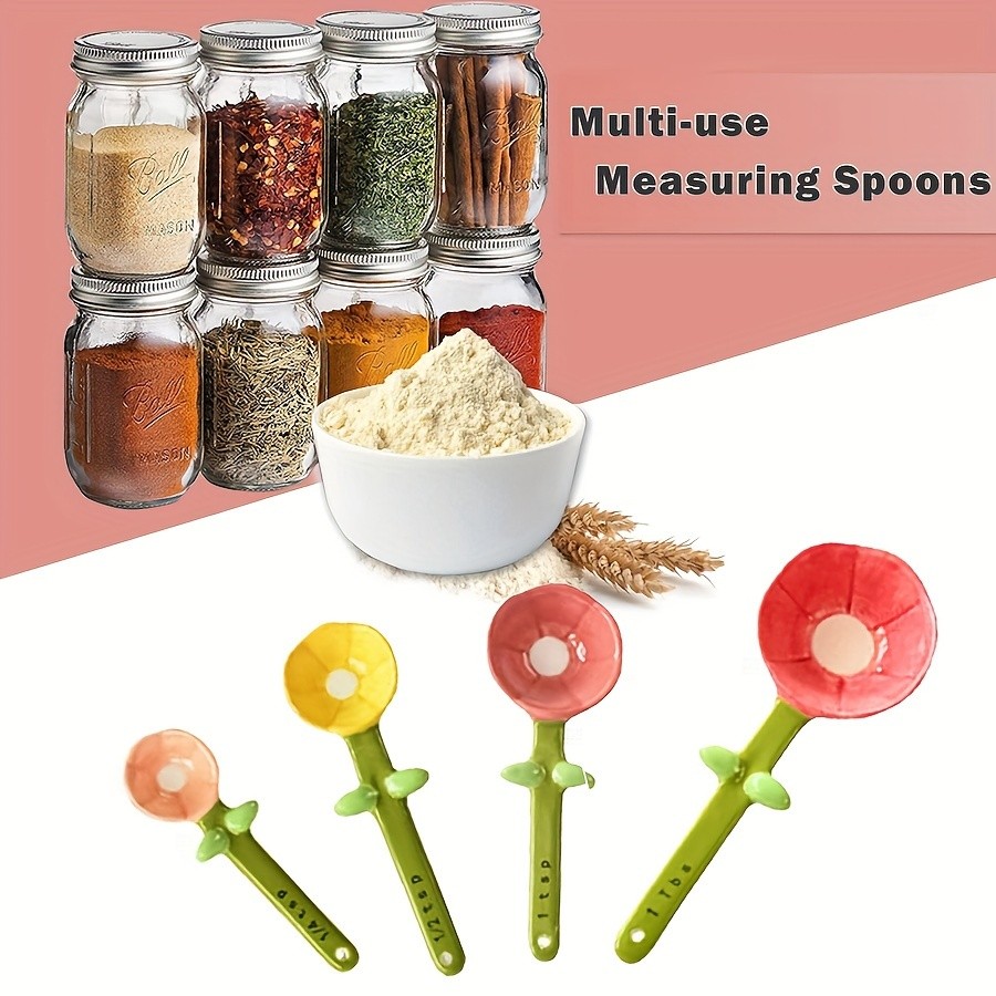 YUMIPLUS Flower Ceramic Measuring Spoons Set – Cute Porcelain Spoons with Pot Base Holder