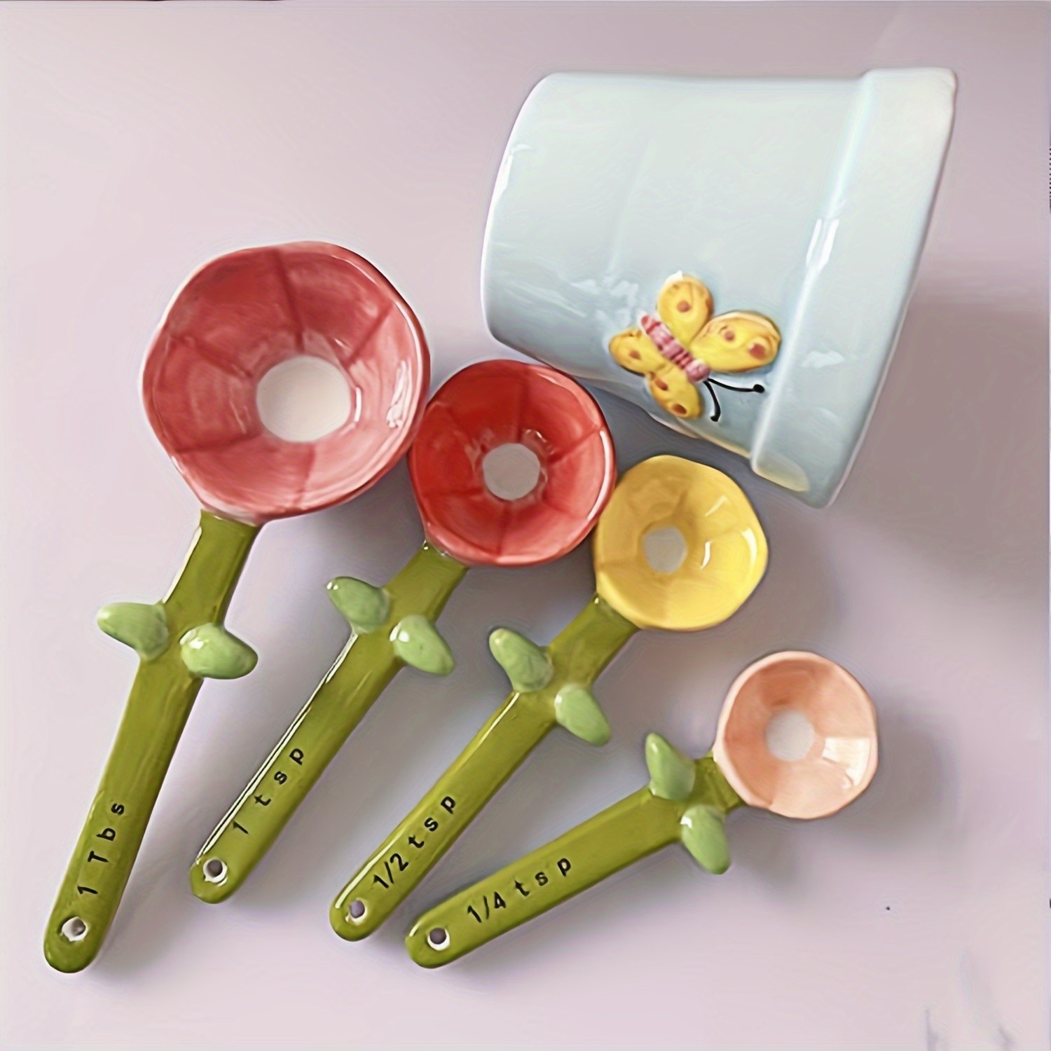 YUMIPLUS Flower Ceramic Measuring Spoons Set – Cute Porcelain Spoons with Pot Base Holder