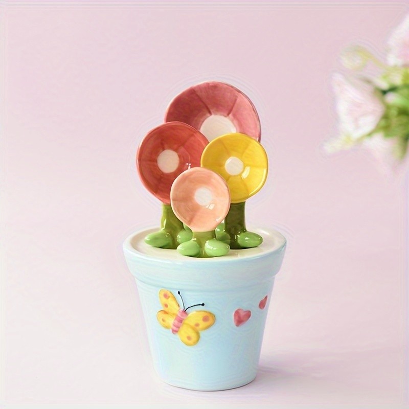 YUMIPLUS Flower Ceramic Measuring Spoons Set – Cute Porcelain Spoons with Pot Base Holder