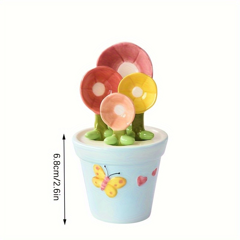 YUMIPLUS Flower Ceramic Measuring Spoons Set – Cute Porcelain Spoons with Pot Base Holder