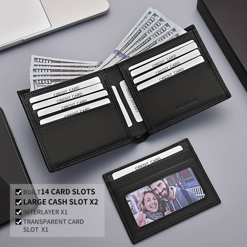 BANYANU Men’s Top-Grain Leather Short Wallet – 14 Card Slots + Independent Card Holder