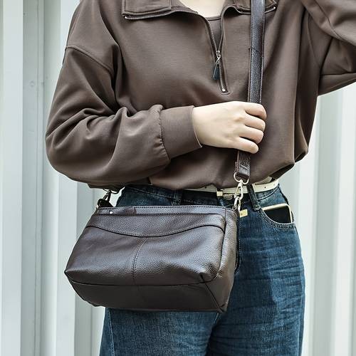 NIUCUNZH Women’s Genuine Leather Crossbody Bag – Sleek Black Handbag with Detachable Strap & Multiple Zipper Pockets