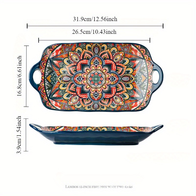 YUMIPLUS Bohemian Ceramic Serving Platter – Versatile Rectangular Dish with Handles for Dining & Entertaining