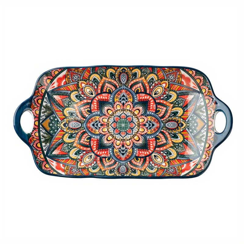 YUMIPLUS Bohemian Ceramic Serving Platter – Versatile Rectangular Dish with Handles for Dining & Entertaining