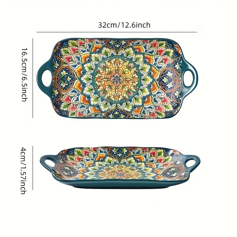 YUMIPLUS Bohemian Ceramic Serving Platter – Versatile Rectangular Dish with Handles for Dining & Entertaining