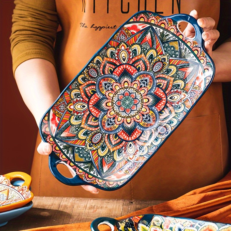 YUMIPLUS Bohemian Ceramic Serving Platter – Versatile Rectangular Dish with Handles for Dining & Entertaining