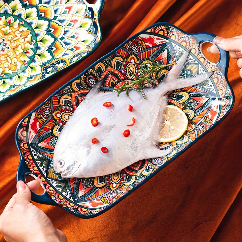 YUMIPLUS Bohemian Ceramic Serving Platter – Versatile Rectangular Dish with Handles for Dining & Entertaining