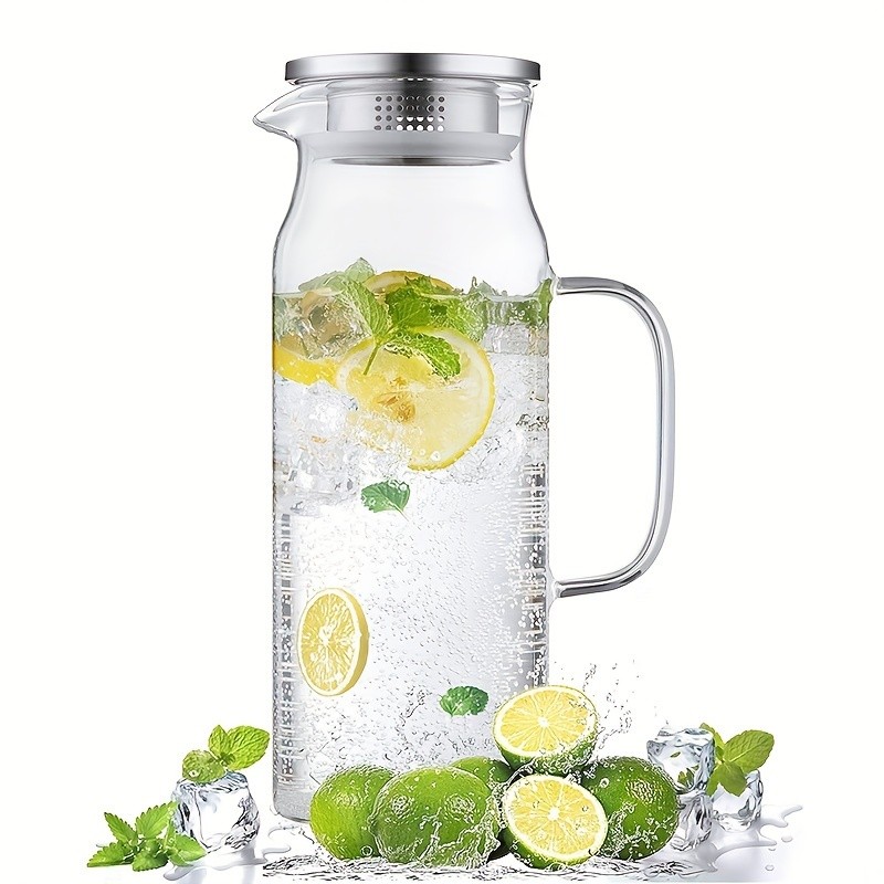 YUMIPLUS 1500ml High Borosilicate Glass Pitcher – Heat-Resistant Durable Water & Beverage Dispenser with Stainless Steel Lid