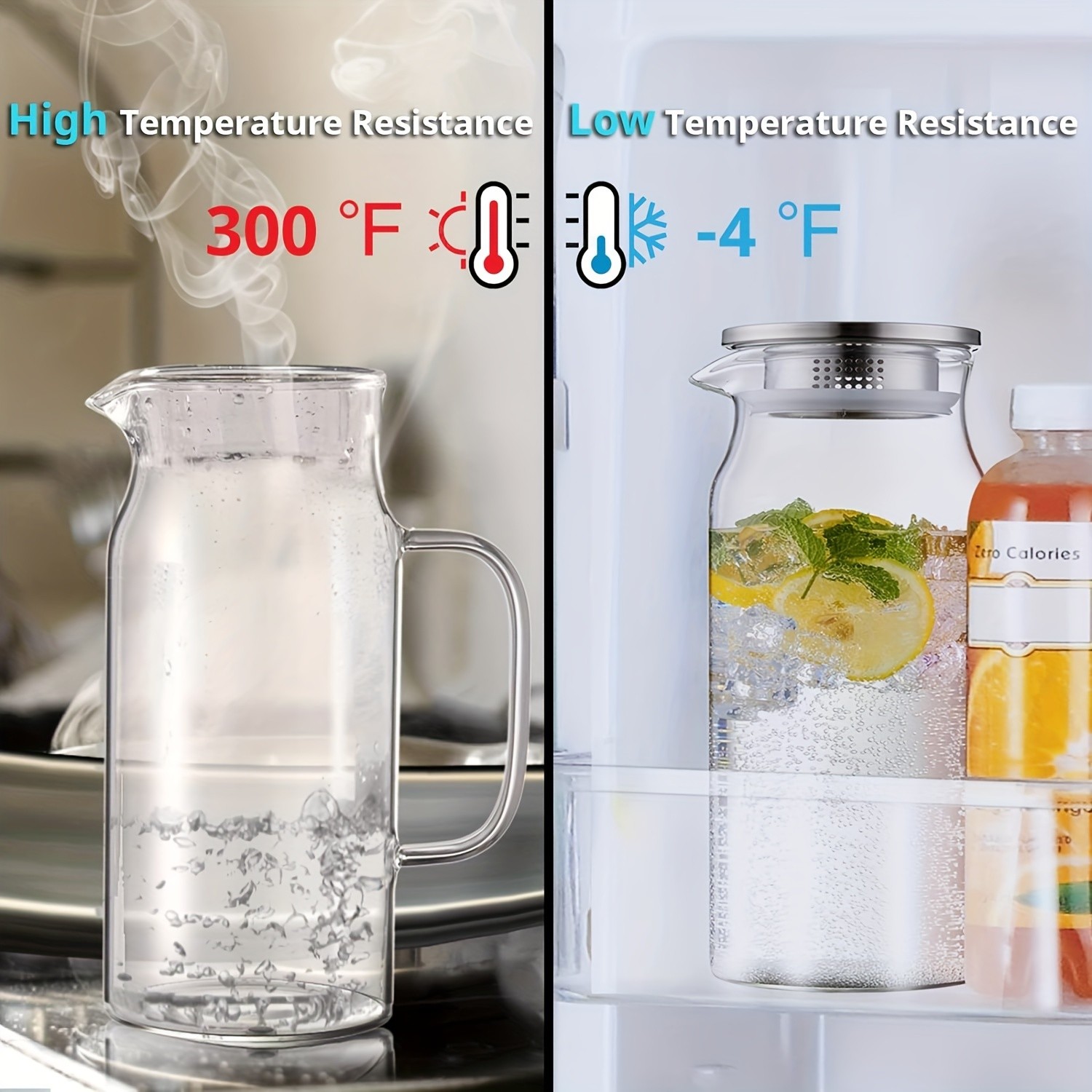 YUMIPLUS 1500ml High Borosilicate Glass Pitcher – Heat-Resistant Durable Water & Beverage Dispenser with Stainless Steel Lid