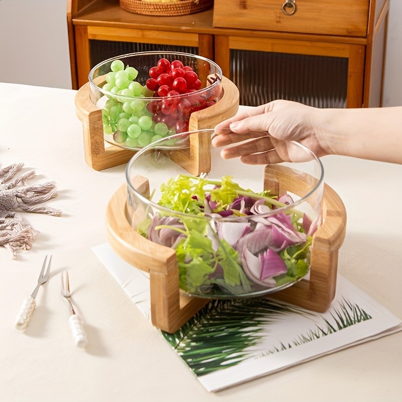 YUMIPLUS Glass Fruit Plate with Bamboo Base – Elegant Snack & Salad Bowl for Home, Restaurant & Hotel Use