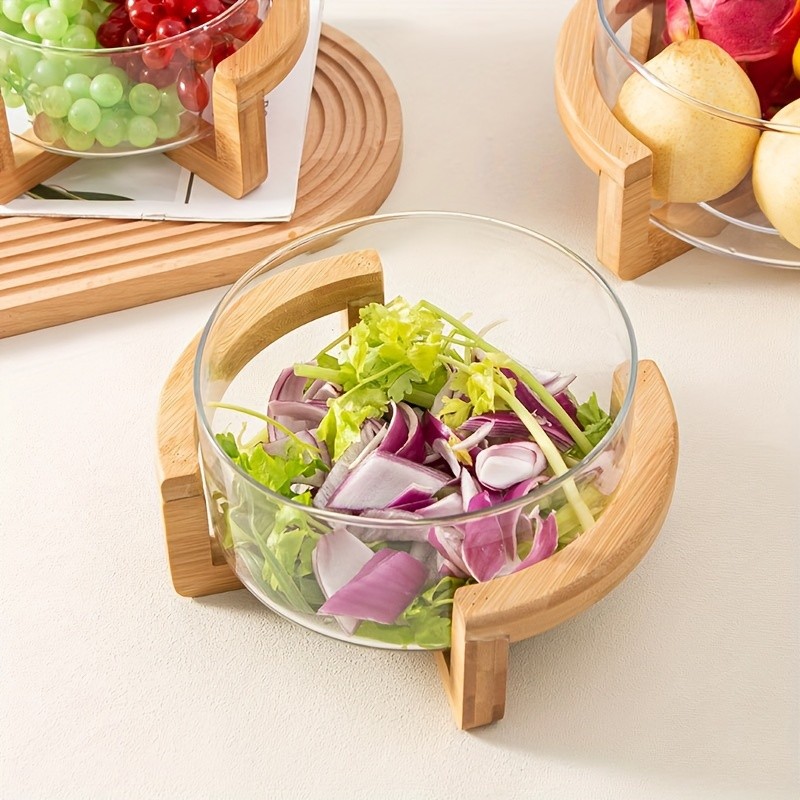 YUMIPLUS Glass Fruit Plate with Bamboo Base – Elegant Snack & Salad Bowl for Home, Restaurant & Hotel Use