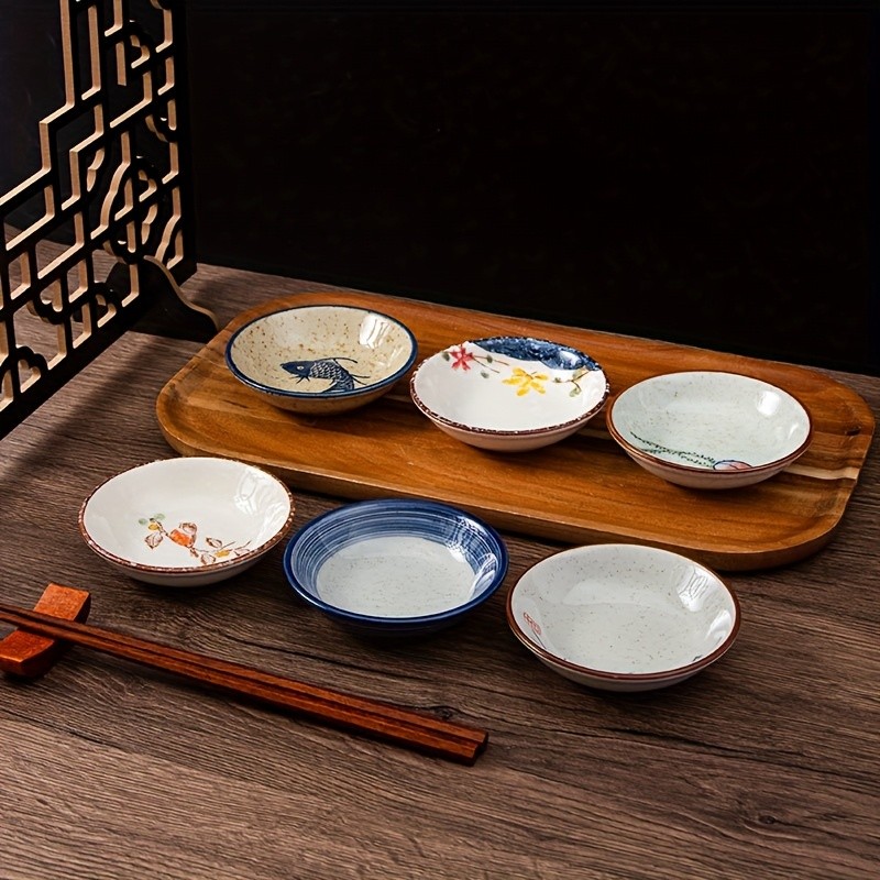 YUMIPLUS Japanese Retro Ceramic Side Dish Bowls Set (6pcs) – Traditional Porcelain Seasoning & Soy Sauce Dipping Plates